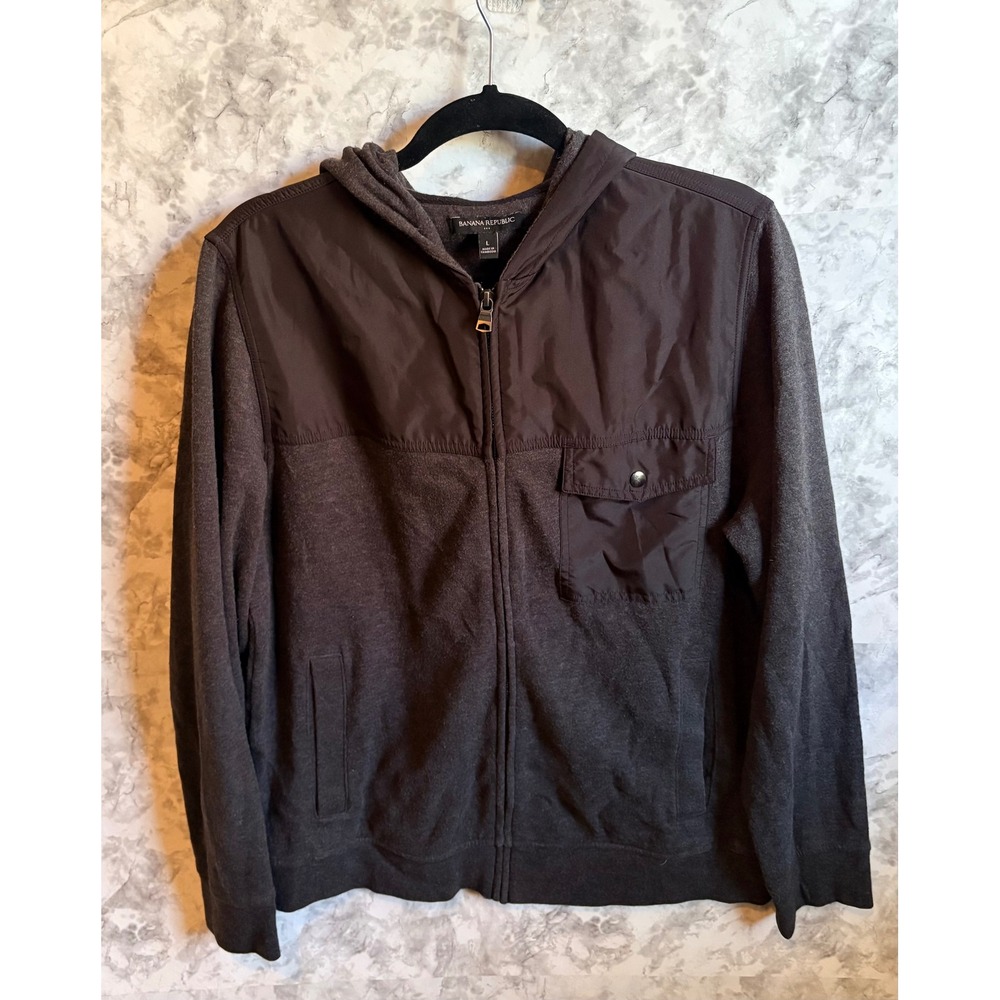 Banana Republic Mens Charcoal Gray Full Zip Hooded Jacket Fleece Nylon Blend L